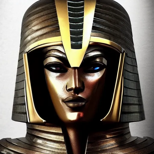 Prompt: a character in an egyptian themed futuristic metal suit, super hero, armor, sleek, beautiful face, cinematic pose, sci - fi art