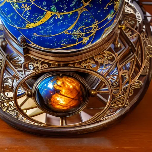 Prompt: a well - lit photo of an intricate steel filigree art nouveau orrery solar system model with visible gears on a wooden table, beautiful, detailed, flowing curves, with colored marble planets and a golden sun