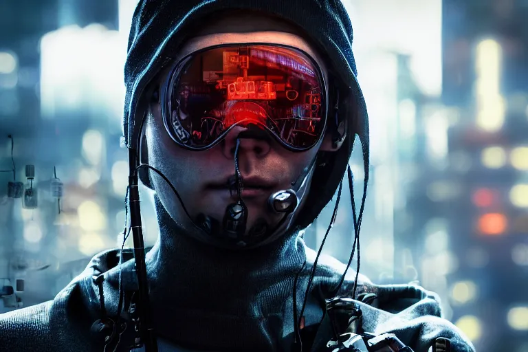 Image similar to cyberpunk hacker closeup portrait in high tech compound by Emmanuel Lubezki