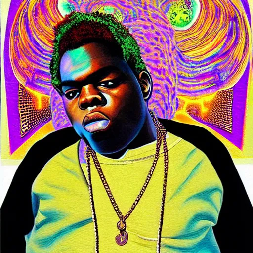 Prompt: The Notorious BIG as a DMT hallucination, painting by Alex Gray