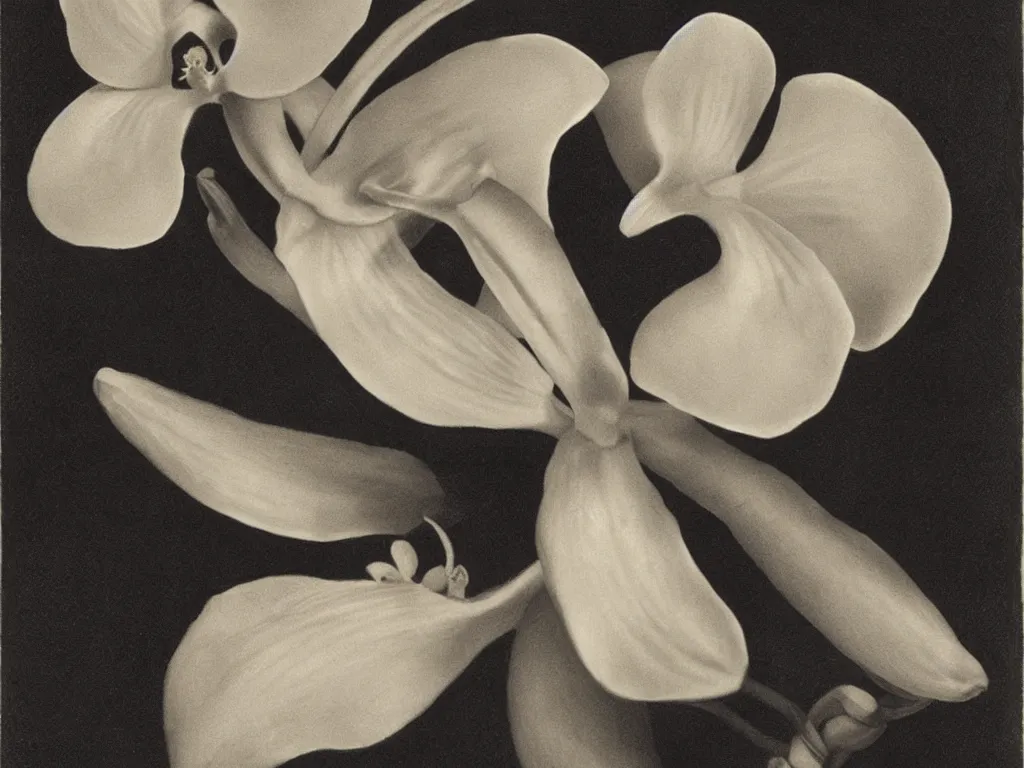 Prompt: hypnotizing orchid at the chest of a woman. Painting by Georges de la Tour, Karl Blossfeldt