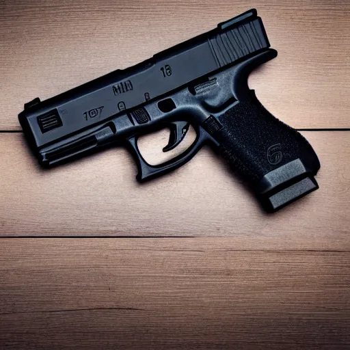 Image similar to a mefium shot photograph of a glock 18 on a wooden background