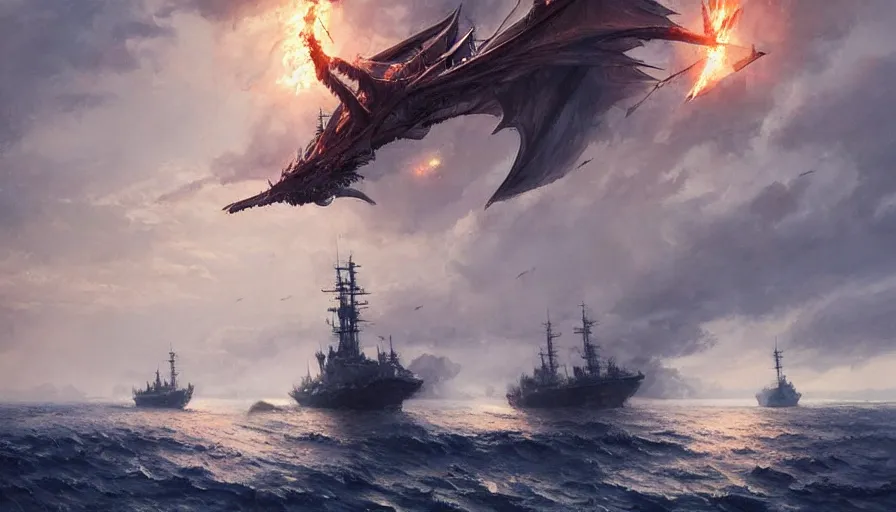 Image similar to dragon breathing fire in the sky above a single navy sailing ship by greg rutkowski