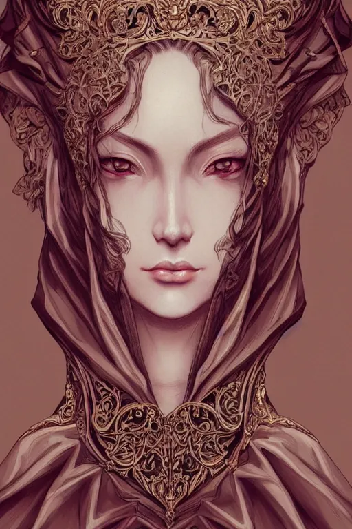 Image similar to portrait of a woman's face, baroque style, elegant, beautiful, intricate lining, mesmerizing, concept art, fancy clothing, highly detailed, artstation, trending, inspired by innocent manga, inspired by castlevania concept art, by ayami kojima, shinichi sakamoto