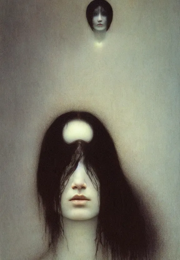 Image similar to young female with pale white skin and short black hairs, by Beksinski