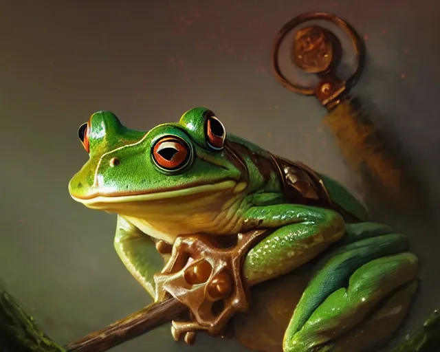 Image similar to highly detailed portrait of a anthro frog mage, humanlike frog holding a wand, elden ring, stephen bliss, fantasy art by greg rutkowski, loish, rhads, ferdinand knab, makoto shinkai and lois van baarle, ilya kuvshinov, rossdraws, tom bagshaw, global illumination, radiant light, detailed and intricate environment