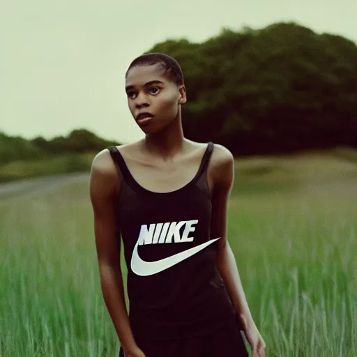 Image similar to realistic photoshoot for a new nike lookbook, color film photography, portrait of a beautiful woman in style of tyler Mitchell, 35mm, graflex