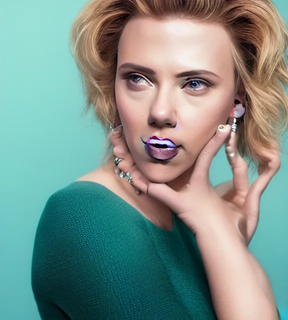 Prompt: beautiful portrait photo of Scarlett Johansson, slight smile, photo by Annie Leibovitz, 85mm, teal studio backdrop