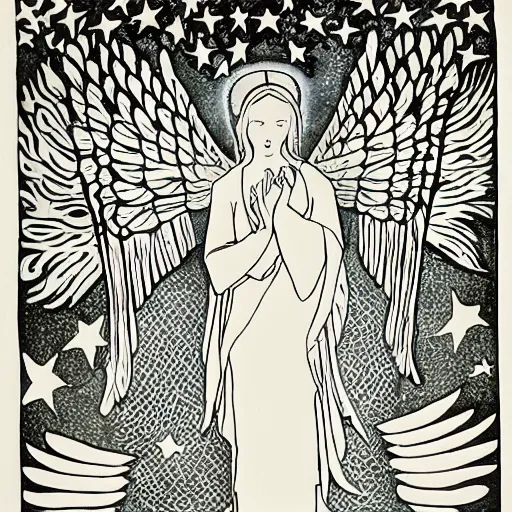 Prompt: an angel leads the souls of the elderly to heaven, style of aubrey beardsley, moon and stars