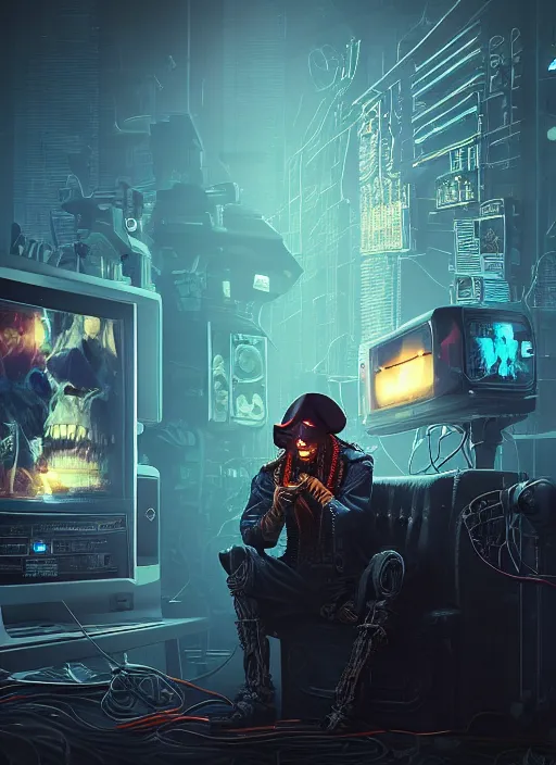 Image similar to a cyberpunk hacker pirate captain skeleton with a pirate hat sitting in front of a huge old crt monitor in a dark room, only light coming from crt monitor, highly detailed, intricate, digital art, trending on artstation, trending on cgsociety, by greg rutkowski