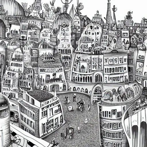 Prompt: fanciful city filled with curvy buildings, by dr seuss, oh the places you'll go, arches, platforms, towers, bridges, stairs