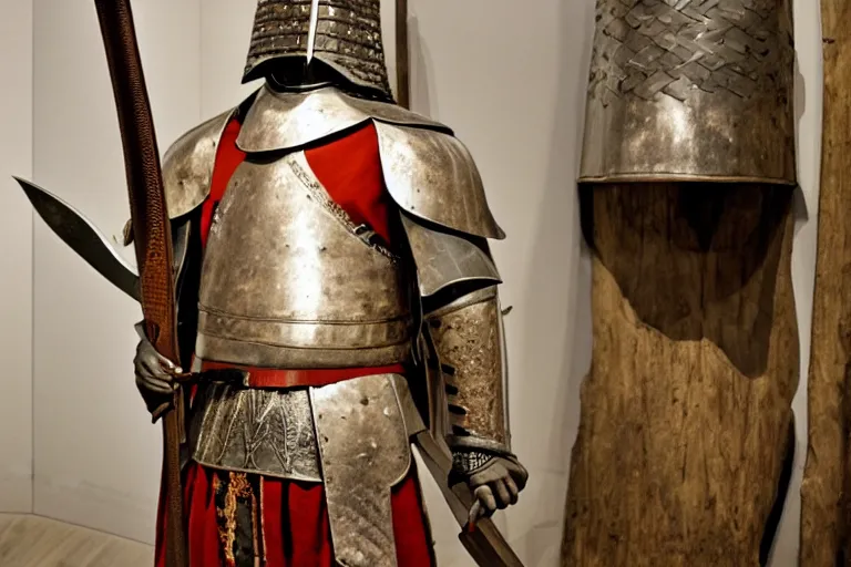 Image similar to photo of a reconstruction of a balkan tatar knight holding a sword, displayed in a museum