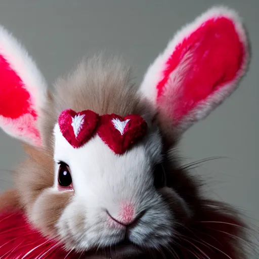 Image similar to an adorable crimson bunny creature with heart patters on its fur