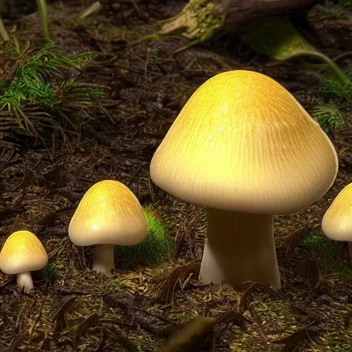 Image similar to backlit golden teacher mushroom dropping spores in the woods soil, unreal engine, closeup