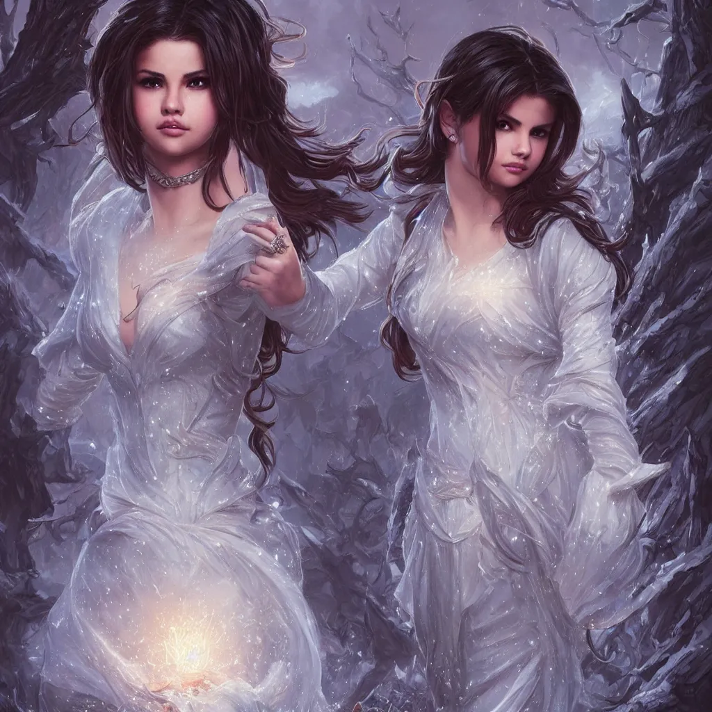 Image similar to Selena Gomez casting an frost spell, D&D, fantasy, intricate, elegant, highly detailed, digital painting, artstation, concept art, matte, sharp focus, illustration, hearthstone, art by Artgerm and Greg Rutkowski and Alphonse Mucha