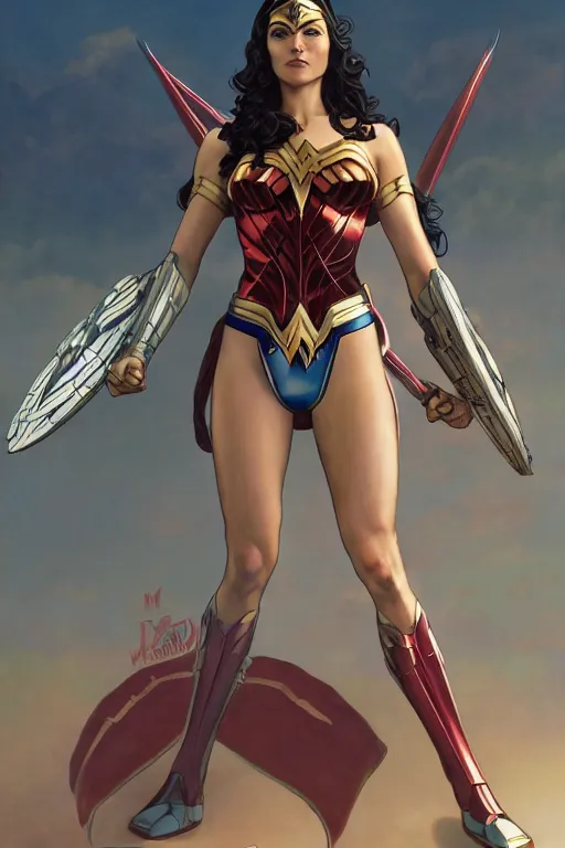 Image similar to wonder woman gundam, unreal engine 8 k, illustration, comprehensive art, thorough details, intricate, artstation atmosphere, highly detailed, symmetrical, concept art, nc wyeth, artstation, craig mullins, william adolphe bouguereau, digital painting, james jean, joao ruas, takashi murakami, gregory crewdson cinematic lighting, 4 k