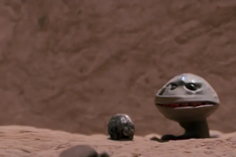 Prompt: vfx movie scene closeup adorable curios tiny little alien creature in moon desert eating a rock. by emmanuel lubezki
