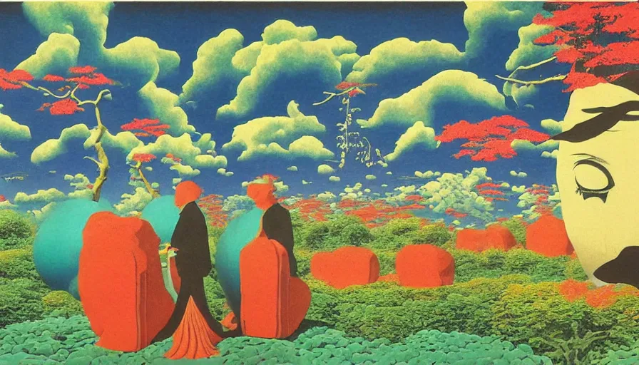 Prompt: Japan rural splendor travel and tourism c2050, surrealist psychedelic collage painting in the style of Magritte, Roger Dean, Yoshio Awazu, vivid color