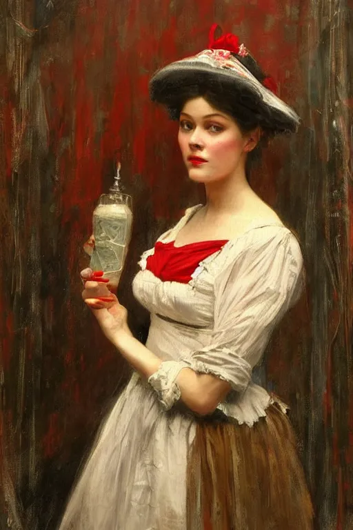 Image similar to Solomon Joseph Solomon and Richard Schmid and Jeremy Lipking victorian genre painting full length portrait painting of a young beautiful woman traditional german french Gene Tierney barmaid in fantasy costume, red background