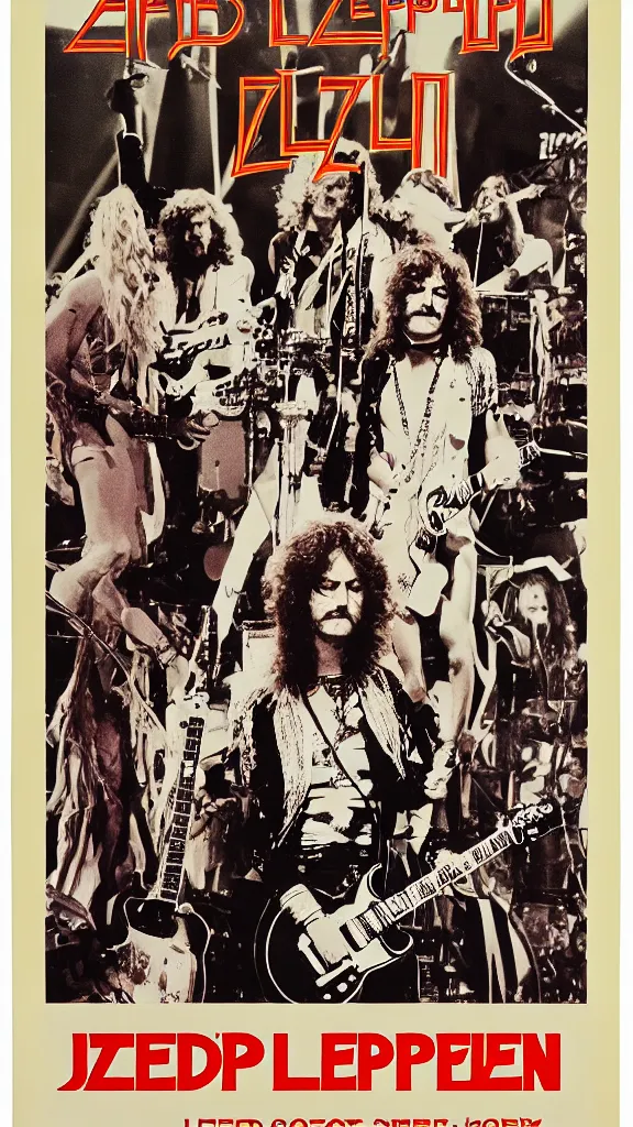 Prompt: Led Zeppelin concert poster circa 1974, Madison Square Garden, colorized, Robert plant, Jimmy Page, guitars, drum kit, minimalist