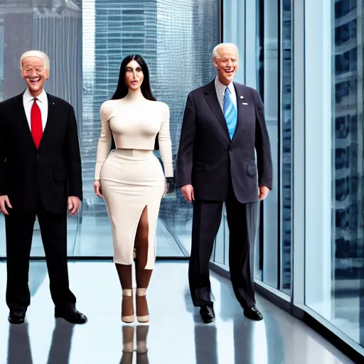 Image similar to stock photo of kim kardashian, joe biden, and bill gates wearing suits and ties laughing in an office building, 8k resolution, full HD, cinematic lighting, award winning, anatomically correct