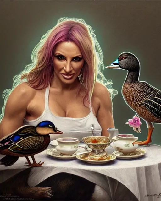 Image similar to Portrait of Jodie Marsh & a mallard & a pig having tea at the Ritz, real life skin, intricate, elegant, highly detailed, artstation, concept art, smooth, sharp focus, art by artgerm and greg rutkowski and alphonse mucha