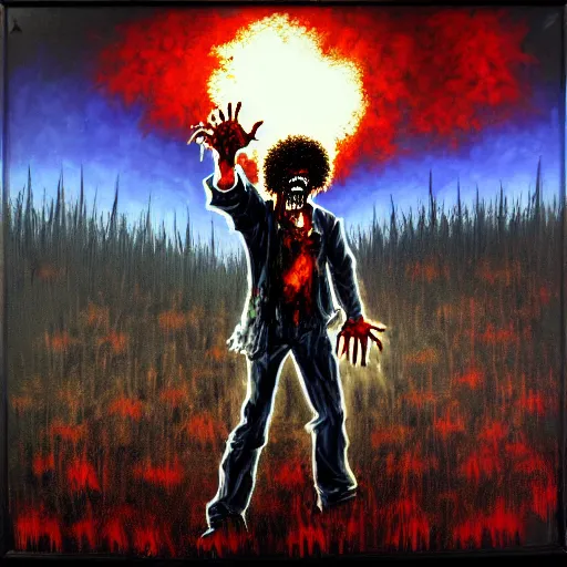 Image similar to zombie apocalypse by bob ross, detailed