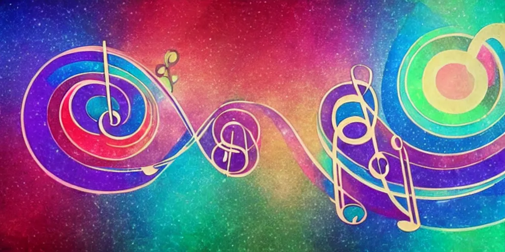 Prompt: a treble clef staff of complex musical notes and orchestral notation flowing from a prism pastel rainbow, comic book panel background, muted colors, dreamy muted pastel colors, in the style of Pink Floyd Dark Side of the Moon