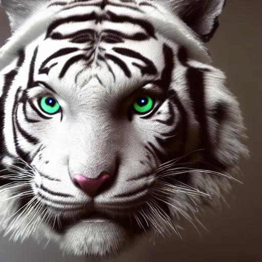 Image similar to a white tiger made of mechanical parts. Extremely detailed, hyperrealistic, unreal engine, Disney, 8k, geometric