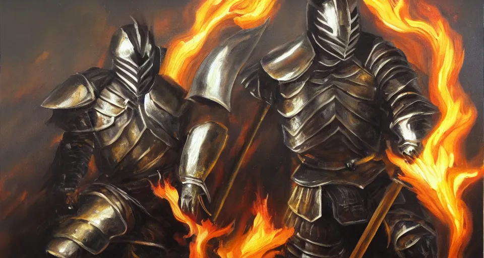 Image similar to An oil painting of a knight in dark metal armor wielding a flaming sword