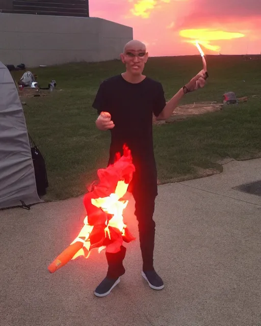 Prompt: squidward wearing fire nation clothing and practicing firebending outside at susnset