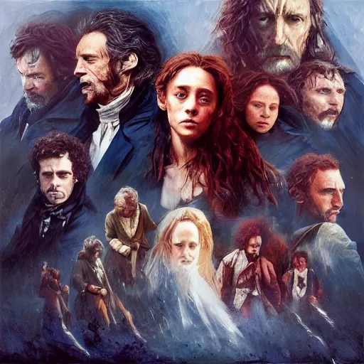 Image similar to les miserables in the 23rd century, artstation, album cover, digital oil on canvas