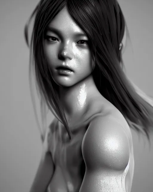 Image similar to dreamy, monochrome, subsurface scattering, white, cyborg goddess in cosmos, black and white, octane render, photo - realistic, cgsociety, fenghua zhong, makoto shinkai, james jean, justin gerard, highly detailed, rim light, art, cinematic lighting, very coherent, hyper realism, 8 k