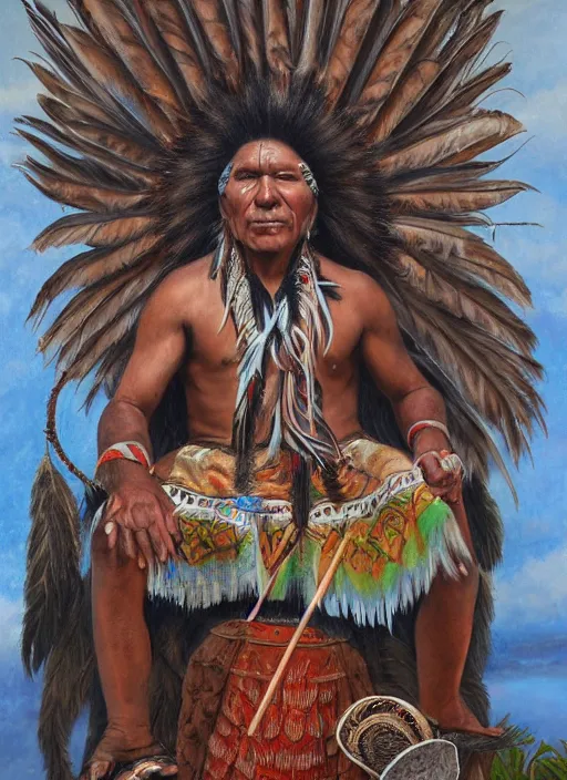 Prompt: a realistic painting of indigenous man sitting behind a shamanic drum, highly detailed, matte painting, fantasy art, ayahuasca