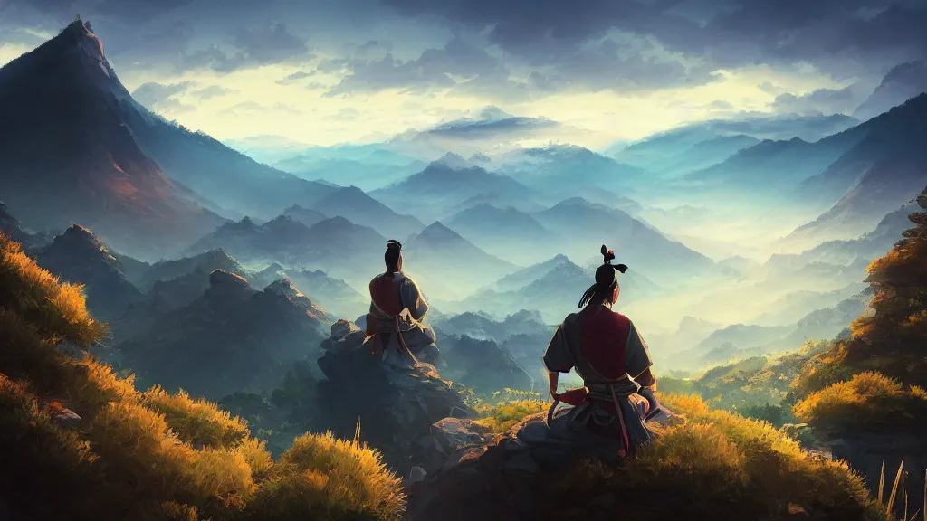 Image similar to samurai resting on a mountain top, cool dawn sky, by sylvain sarrailh, rossdraws, ambient light, ultra detailed, fantasy artwork, 8 k, volumetric lighting, trending on artstation, award winning, very beautiful.