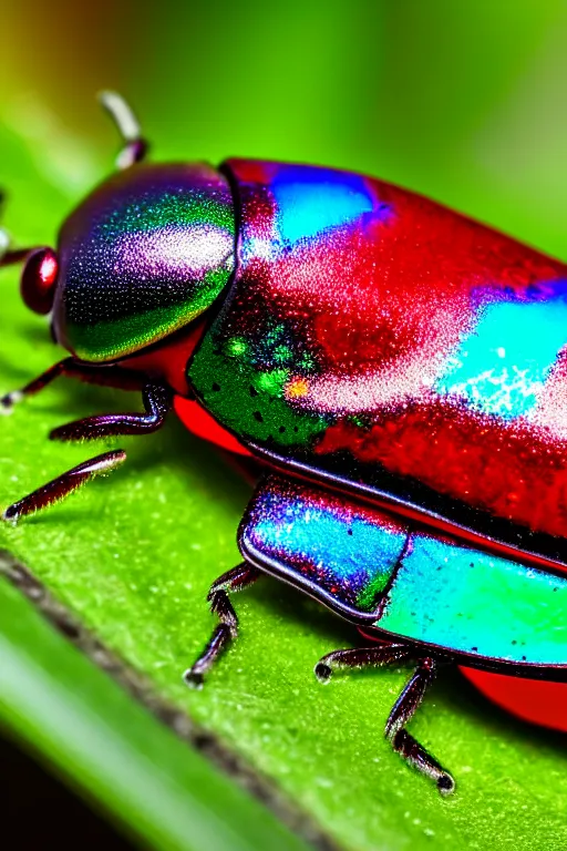 Image similar to high quality macro photo iridescent Red spotted jewel beetle! gorgeous highly detailed david ligare elson peter cinematic blue lighting high quality low angle hd 8k sharp shallow depth of field