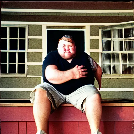 Prompt: close up portrait of fat redneck man sitting on front porch of house, award winning, kodak gold 2 0 0,