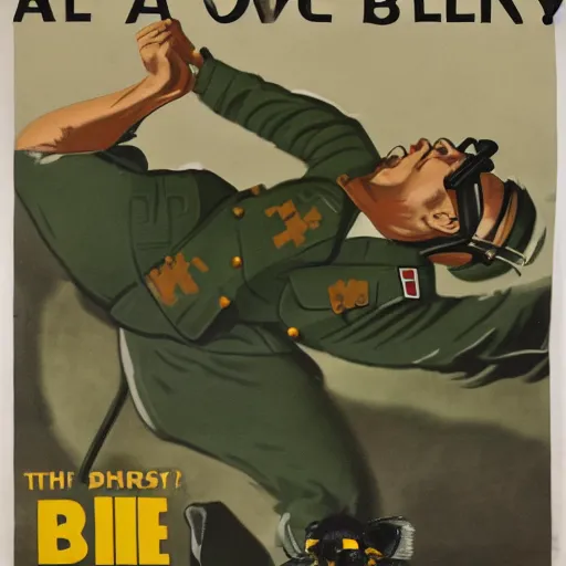 Image similar to a sleeping soldier is stung by a bumblebee, ww 2 allied propaganda poster, no text, highly detailed