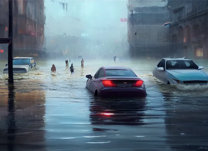 Image similar to a car driving through shallow water, flooded city, people walking through shallow water, muted colors, hyperrealistic, oil painting, intricate, cgsociety, artstation, 8 k, cinematic, soft lighting, by greg rutkowski, by wlop, by artgerm