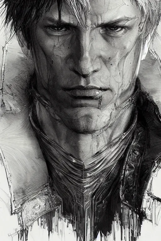 Image similar to portrait of dante from dmc, pen and ink, intricate line drawings, by craig mullins, ruan jia, kentaro miura, greg rutkowski