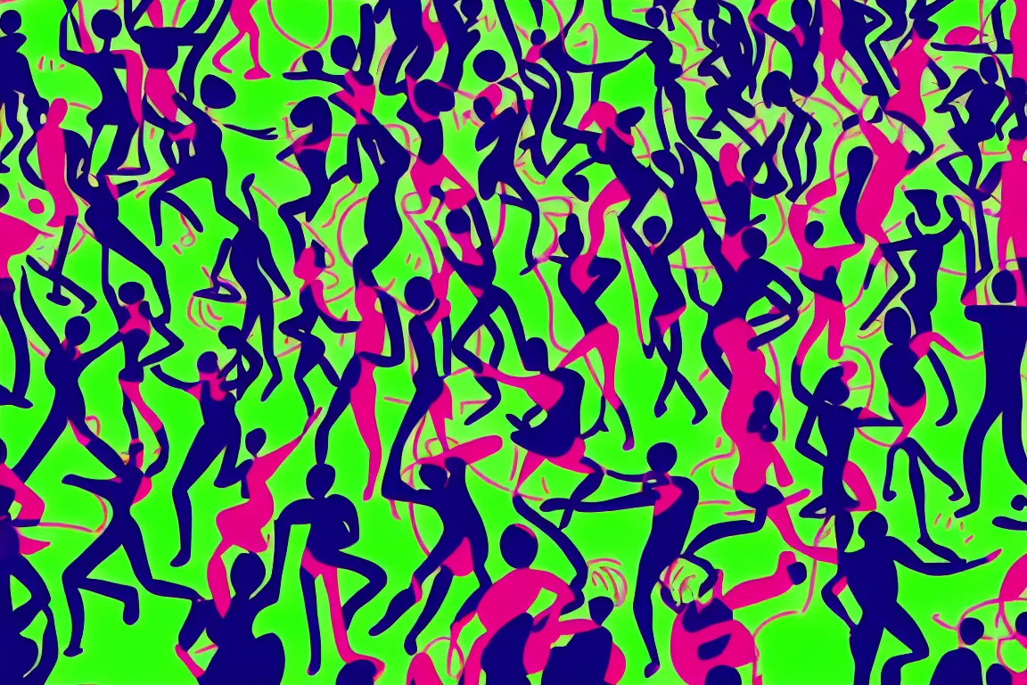 Image similar to henri matisse. close up of sketched humans underground raving standing in circle in a club. a chaotic scenery. palm trees and dj equipment, music, a bar with drinks. slight, fine contours of faces, arms, bodes. disco ball overhead. the floor is green. dark blue background. jumping. minimalistic desaturated color palette. fine brush strokes. horizon