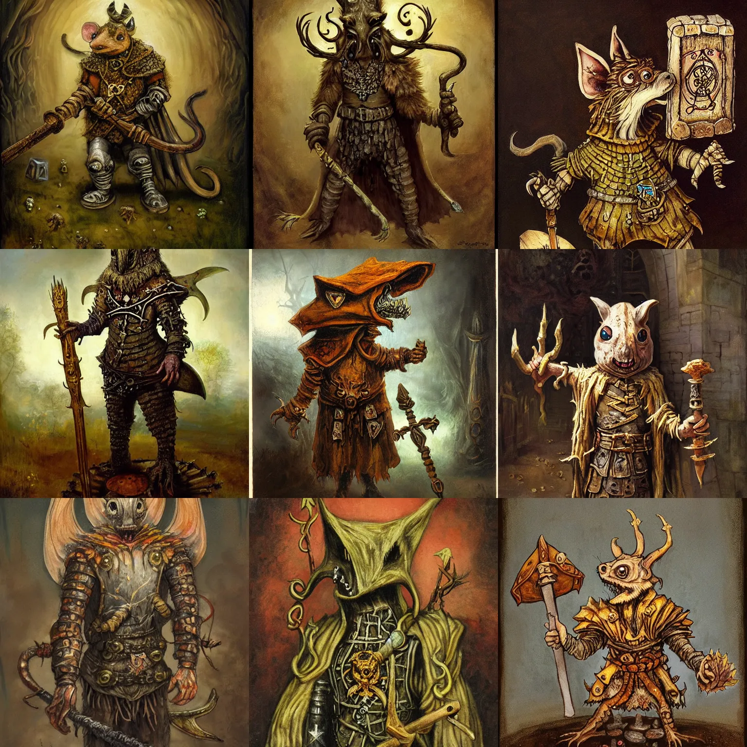 Prompt: a gaunt ghoulish rat wearing a dnd cleric's outfit, druidic runes, mushrooms and spores, soft portrait, complete with a tabard and suit of armor and intricate wooden staff, magical realism, rhads, ray swanland, gary chalk, ( rembrandt )