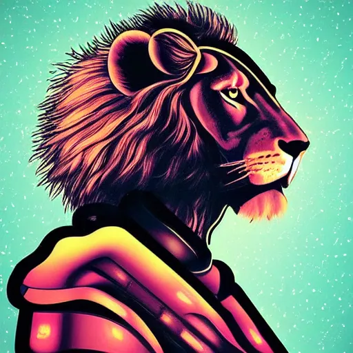 Prompt: A portrait of lion wearing a futuristic helmet in the style of synthwave