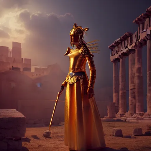 Image similar to An portrait of a female Knights of Zodiac, golden and copper, at ancinet Agora of Athens, ruins, Golden Light, illustration, artwork by greg rutkowski, Daeho Cha and WLOP, volumetric light, lightrays, smoke, cinematic, intricate, hypermaximalist