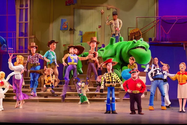 Prompt: photo of a huge theaterstage, theaterplay is toystory, 3 actors on stage, 8 k, multicolored, exaggerated detailed, long shot