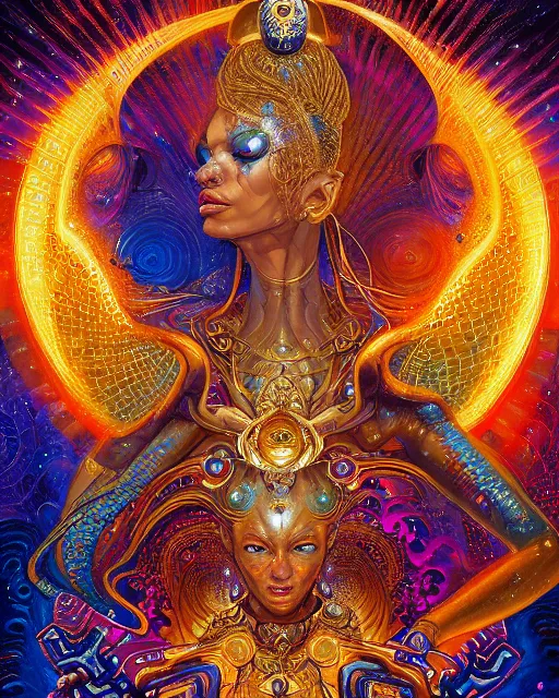 Prompt: a portrait of a golden skinned goddess with a lazer shining into the top of her head charkra, pieces expanding from impact gold and blue, by android jones, by ben ridgeway, by ross draws, by Noah Bradley, by Maciej Kuciara + illustrative + visionary art + low angle + oil painting + Visionary art, DMT, psychedelic, The god particle, utopia profile, artgerm, featured in artstation, elegant, Moebius, Greg rutkowski