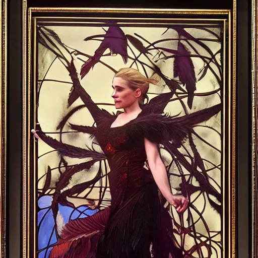 Image similar to jennifer connelly as dark swan queen, black feathers instead of hair, feathers growing out of skin, moulting, suspended in zero gravity, on spaceship with cables hanging down, highly detailed, mike mignogna, ron cobb, mucha, oil painting