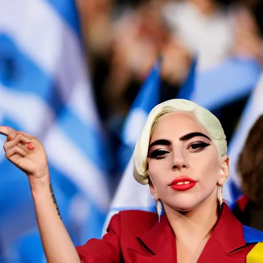 Image similar to Lady Gaga as president, Argentina presidential rally, Argentine flags behind, bokeh, giving a speech, detailed face, Argentina