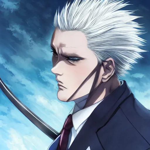 Prompt: semi realistic anime illustration of short slick backed white haired man, wearing dark blue suit, clutching black katana, with beautiful hyperdetailed sky blue eyes, facing camera directly, full body shot, full face portrait made by Stanley Artgerm, WLOP, Rossdraws, James Jean Andrei Riabovitchev, Marc Simonetti, Yoshitaka Amano, Artstation