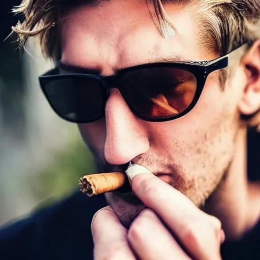 Image similar to a closeup photo of handsome gigachad xqc elrubius smoking a cigar